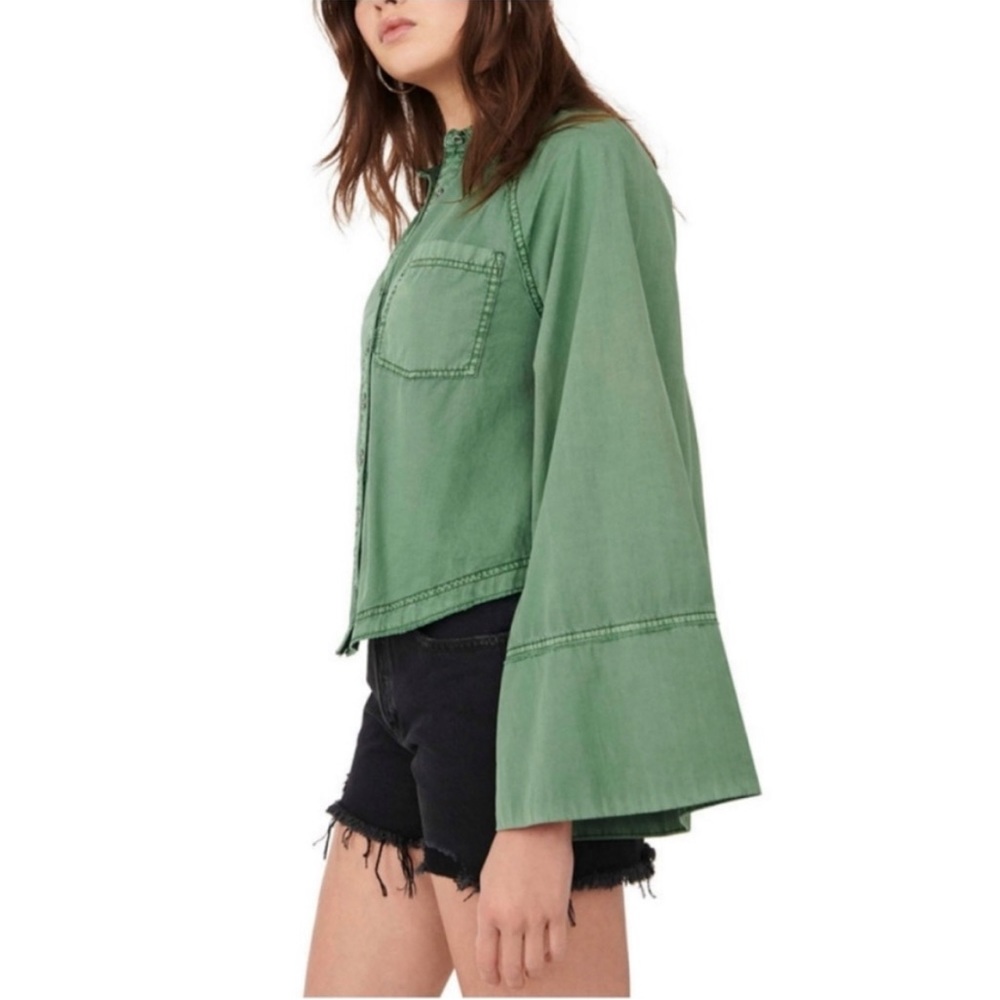 FREE PEOPLE WE THE FREE Sage Green Milano Top Bell Sleeves Boho Button Up Small